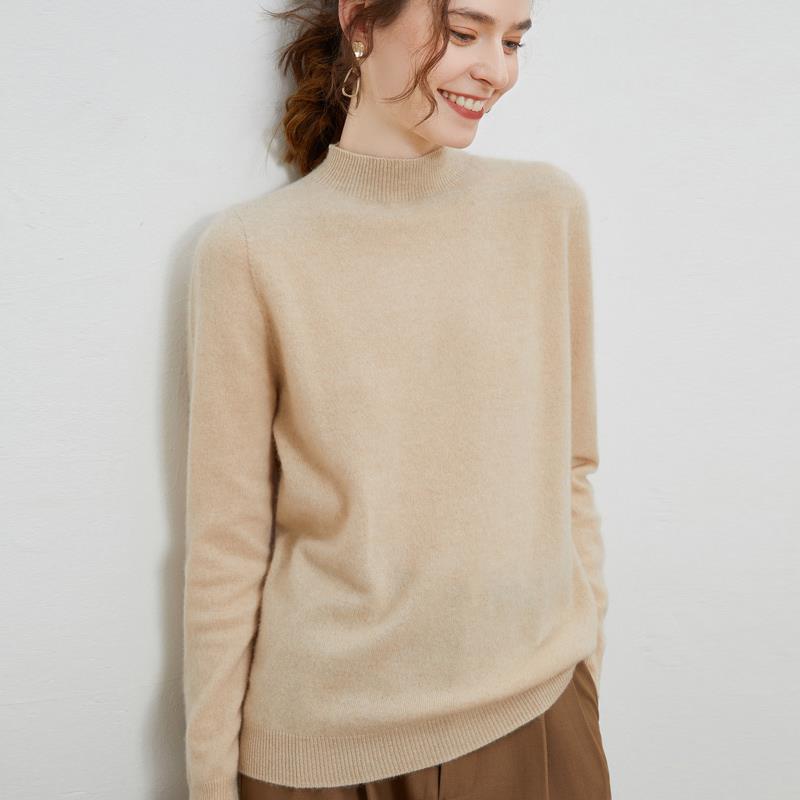 Women's Wool Pullover Sweater with Half-High Neck
