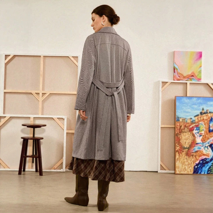 Women's Woolen Lace-Up Long Coat