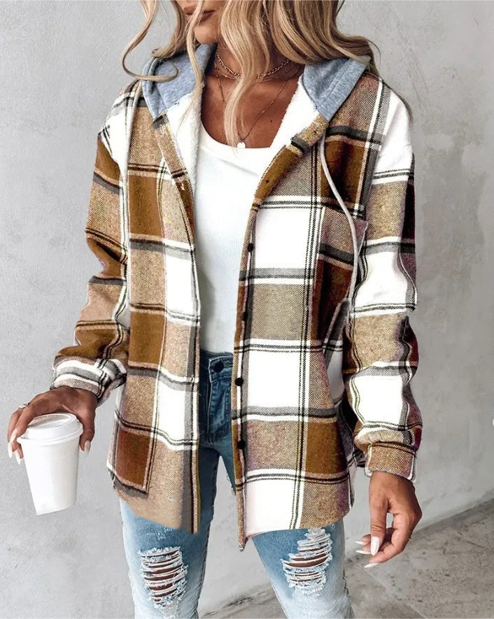 Women's Plaid Hooded Jacket with Button Pockets
