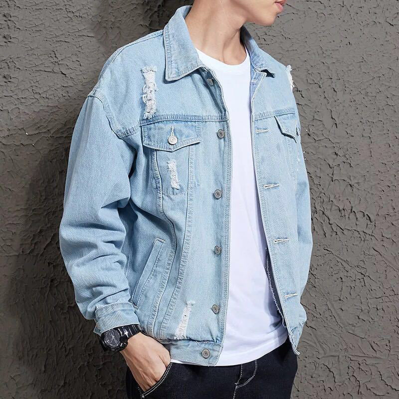 Men's Loose Denim Jacket with Lapel Collar