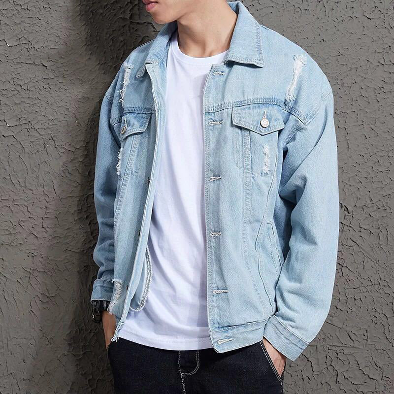 Men's Loose Denim Jacket with Lapel Collar