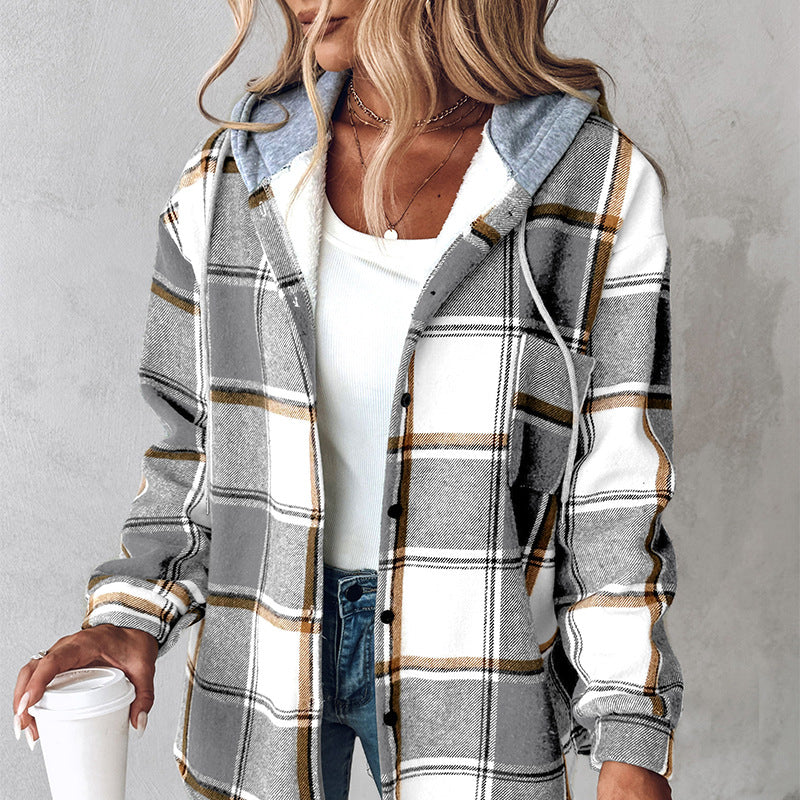 Women's Plaid Hooded Jacket with Button Pockets