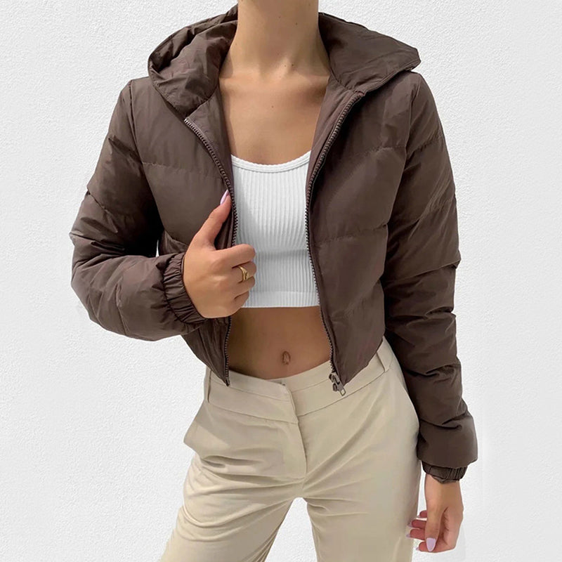 Women's Hooded Short Jacket with Zipper for Winter