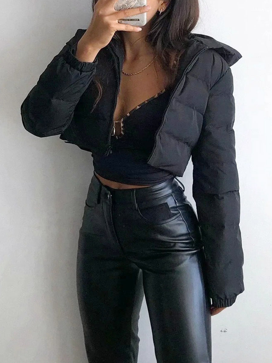 Women's Hooded Short Jacket with Zipper for Winter
