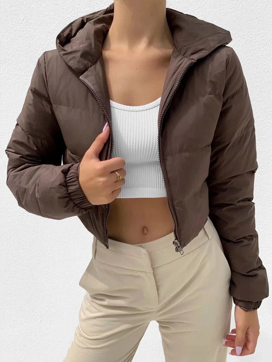 Women's Hooded Short Jacket with Zipper for Winter