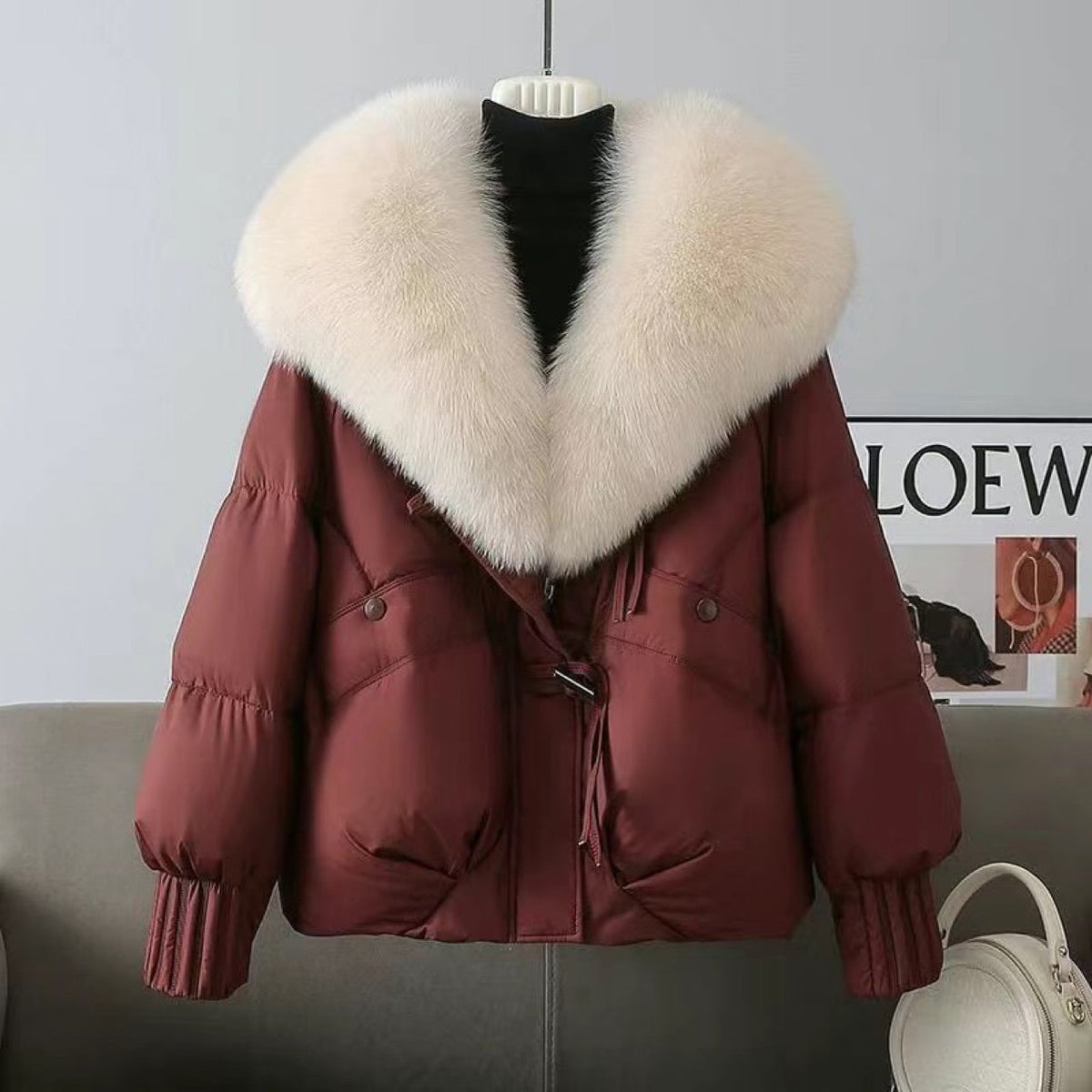 Women's Elegant Loose Fit Chenille Coat with Detachable Fur Collar