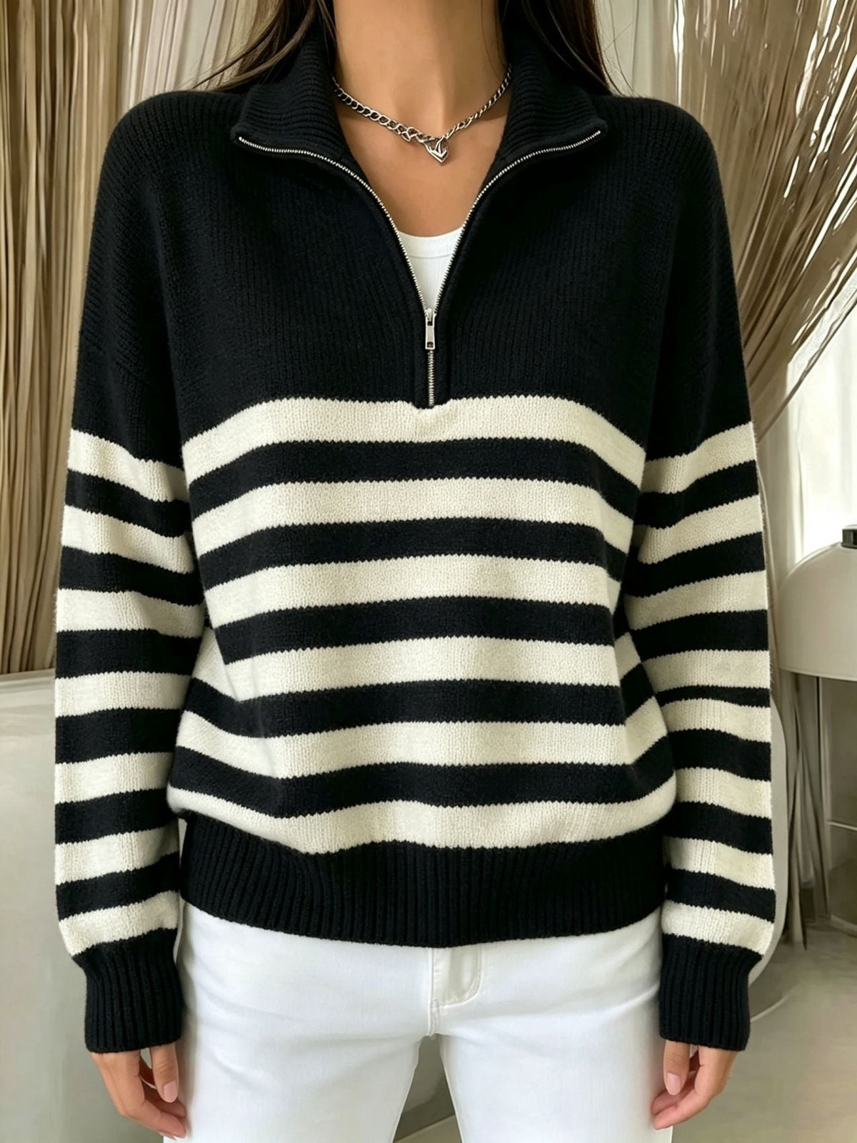 Women's Color-Block Pullover Sweater with Zipper Detail