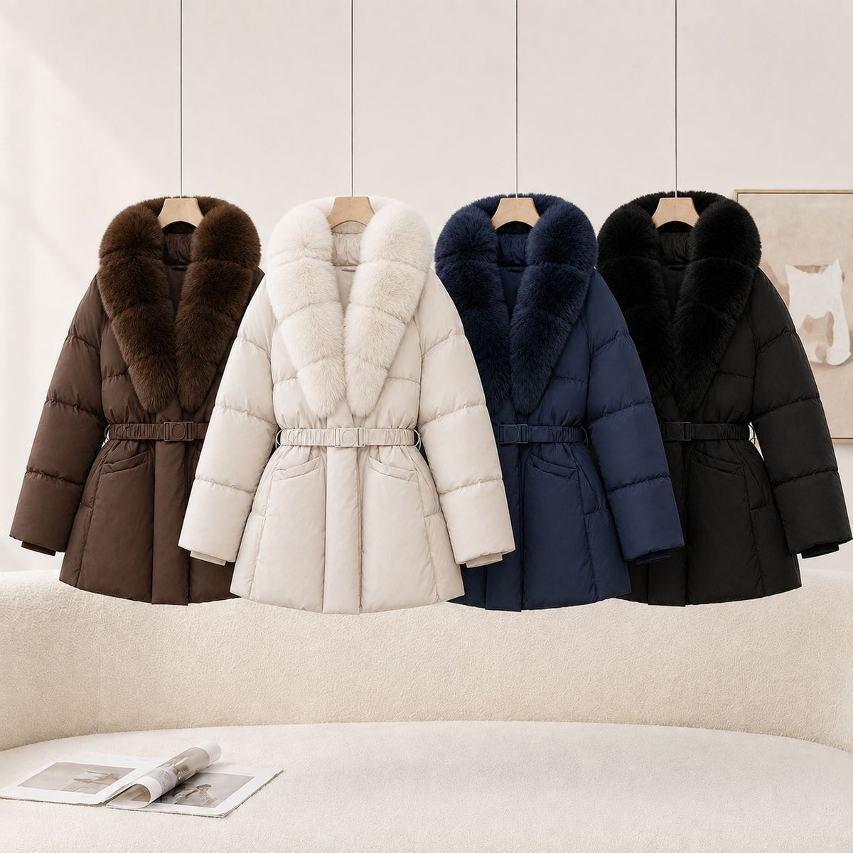 Women's Slimming Waist-Cinching Coat with Faux Fur Collar