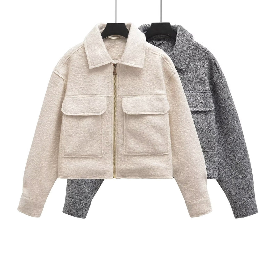 Women's Long-Sleeve Polo Collar Coat with Pockets