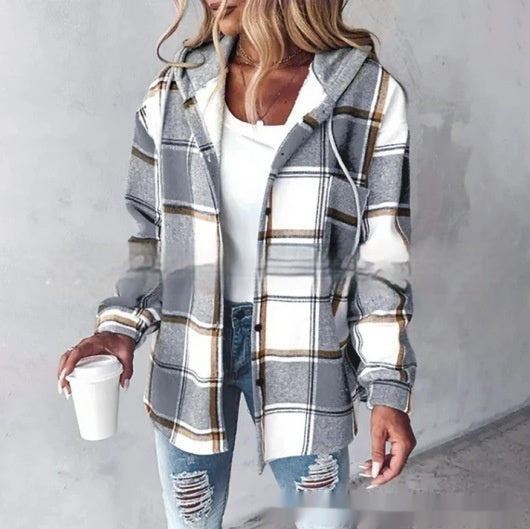 Women's Plaid Hooded Jacket with Button Pockets