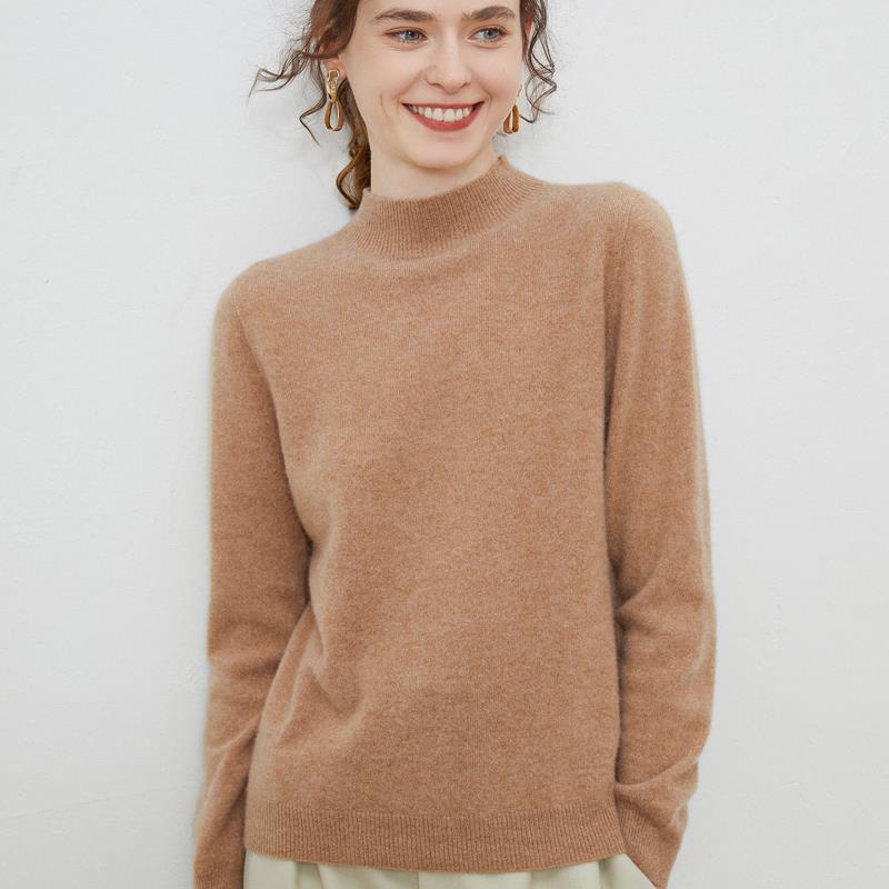 Women's Wool Pullover Sweater with Half-High Neck