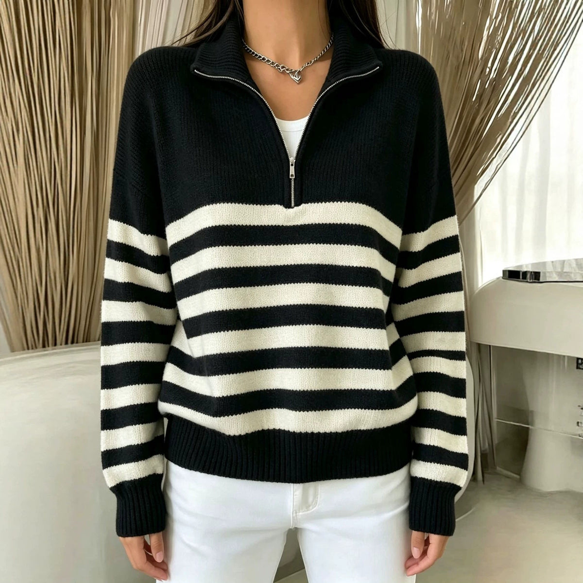 Women's Color-Block Pullover Sweater with Zipper Detail