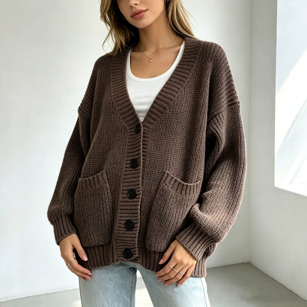 Women's Knitted Cardigan with Pockets - Mid-Length Sweater