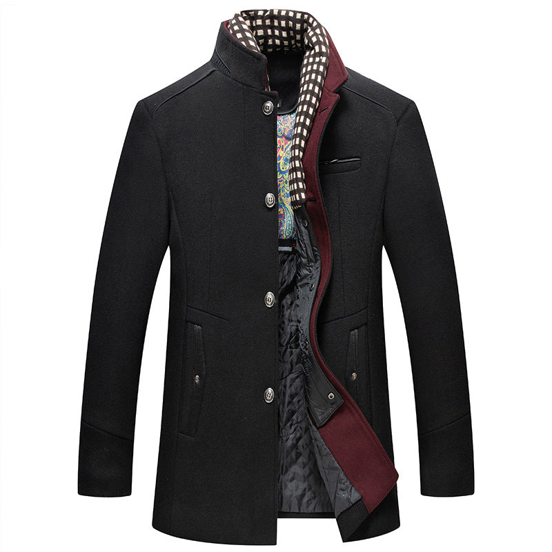 Men's Slim Fit Stand Collar Wool Overcoat