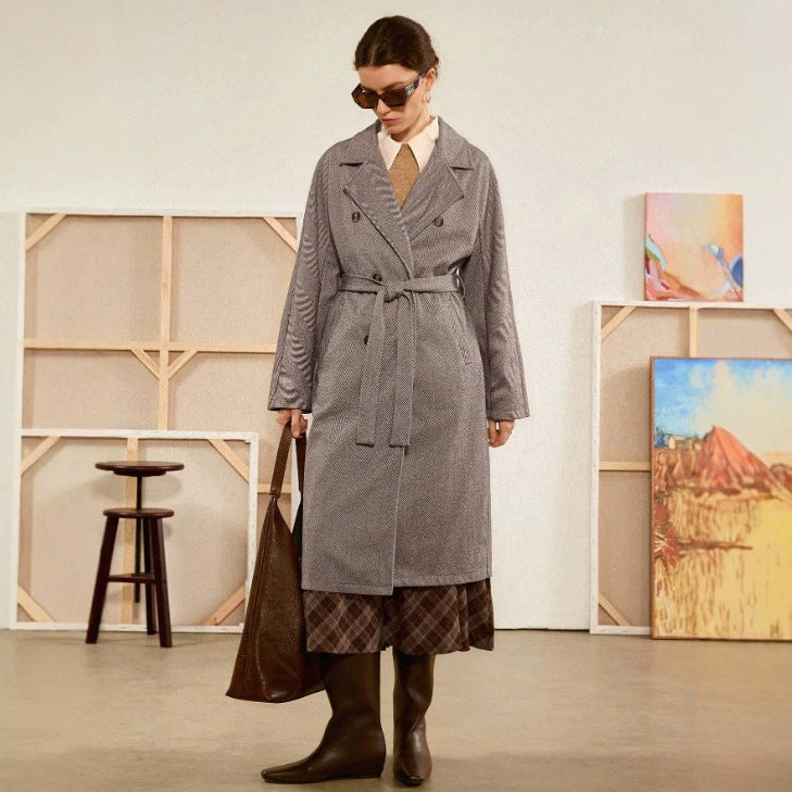 Women's Woolen Lace-Up Long Coat