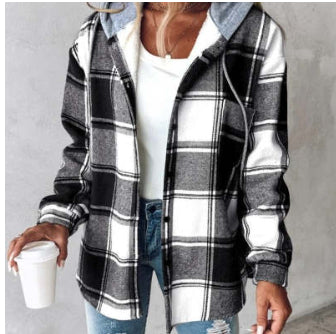 Women's Plaid Hooded Jacket with Button Pockets