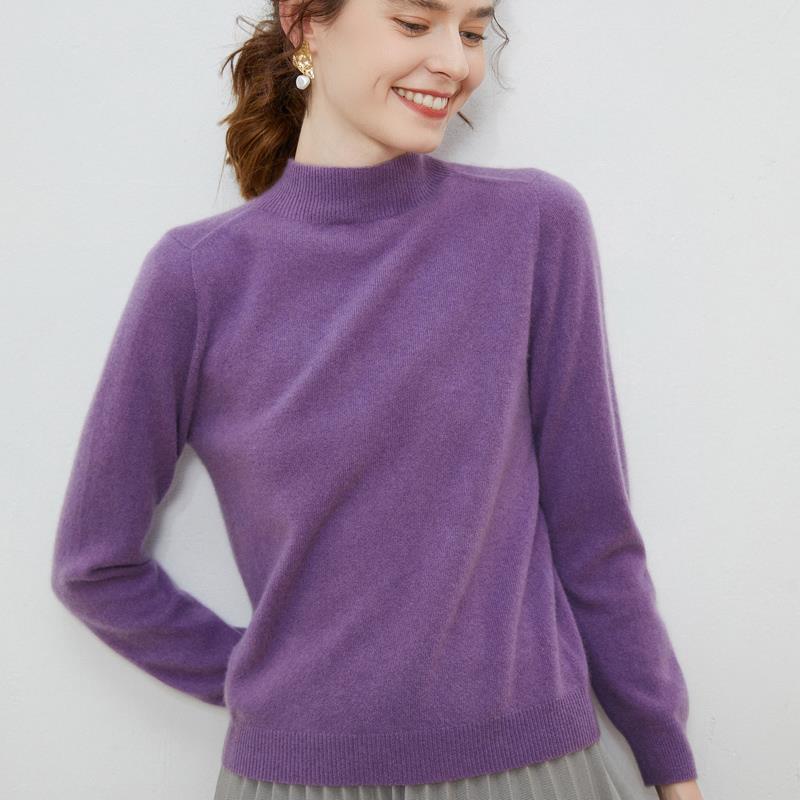 Women's Wool Pullover Sweater with Half-High Neck