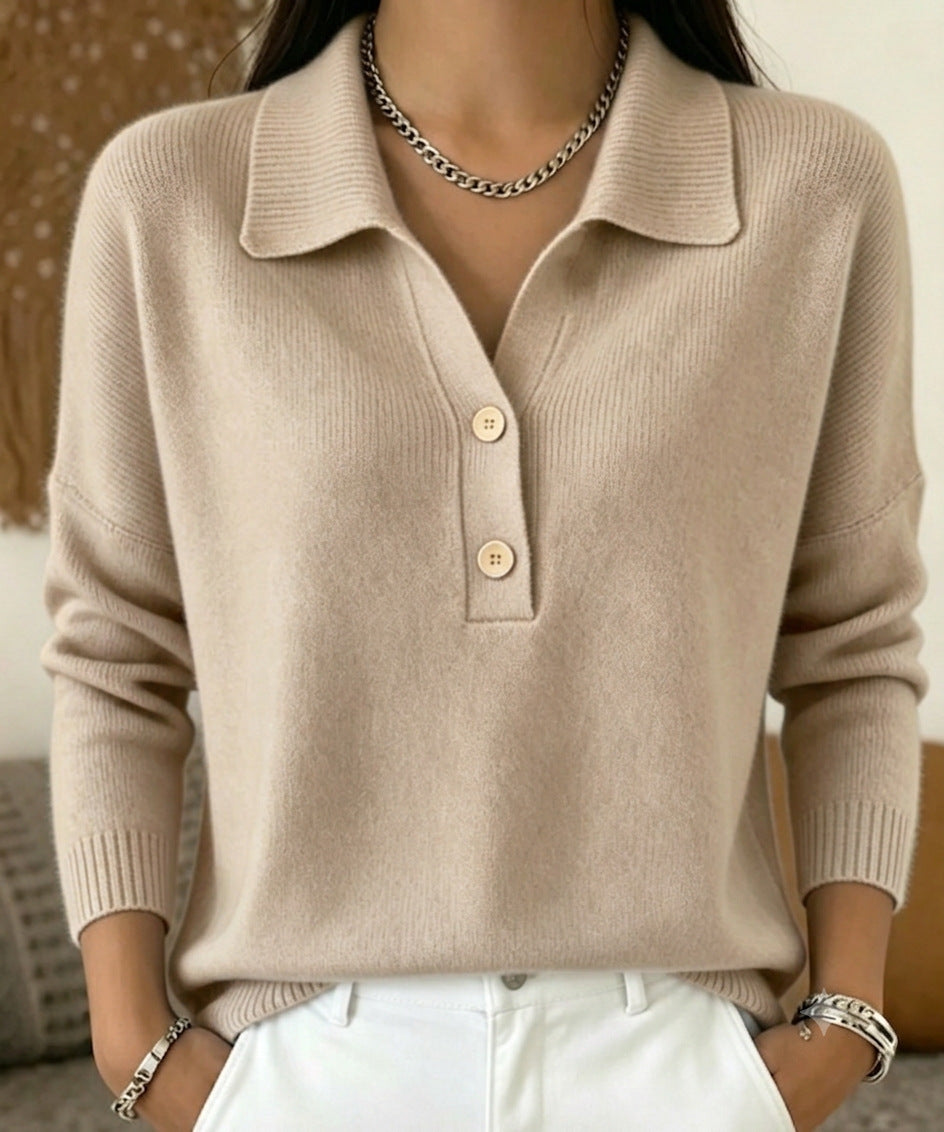 Women's Polo Collar Knit Sweater Long Sleeve Casual Top