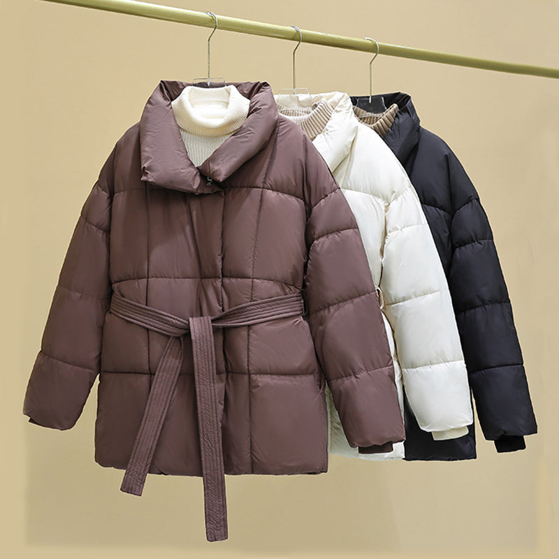 Women's Plaid Lapel Winter Coat with Belt - Casual Thick Jacket