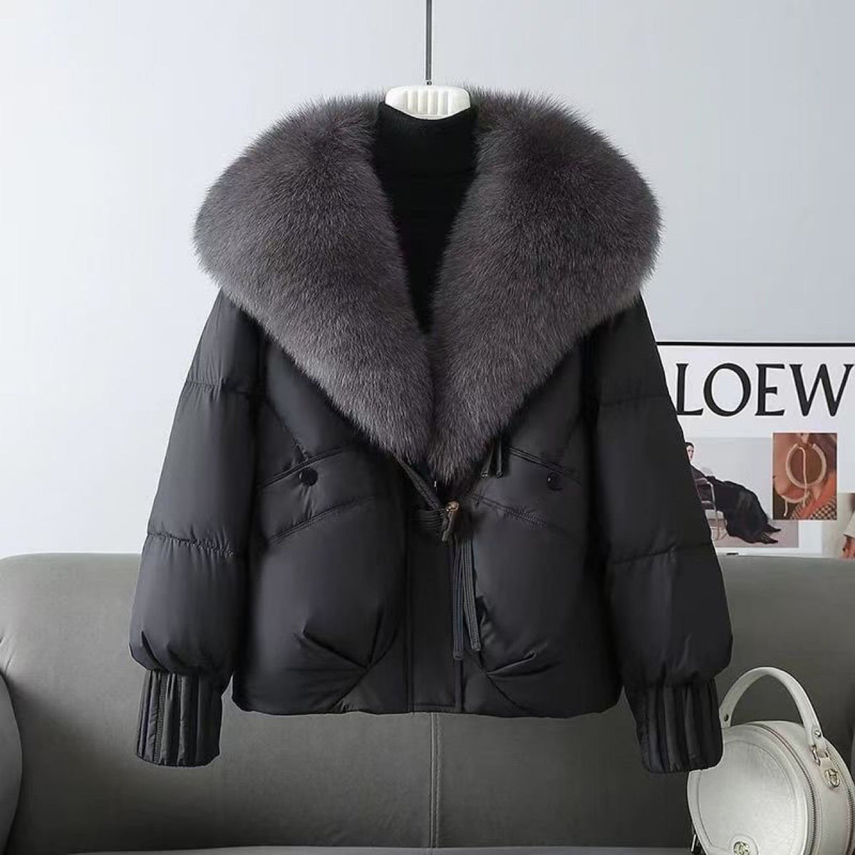 Women's Elegant Loose Fit Chenille Coat with Detachable Fur Collar