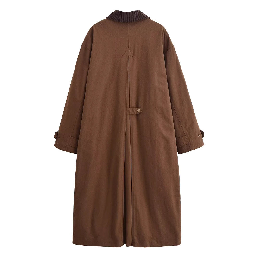 Women's Long Trench Coat with Patchwork Collar