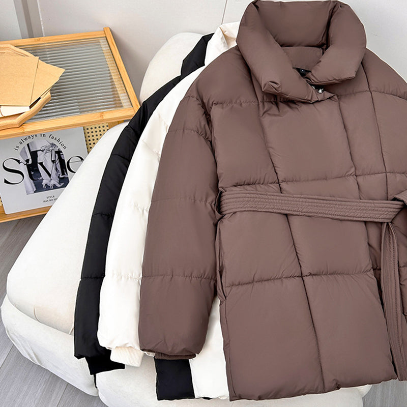 Women's Plaid Lapel Winter Coat with Belt - Casual Thick Jacket