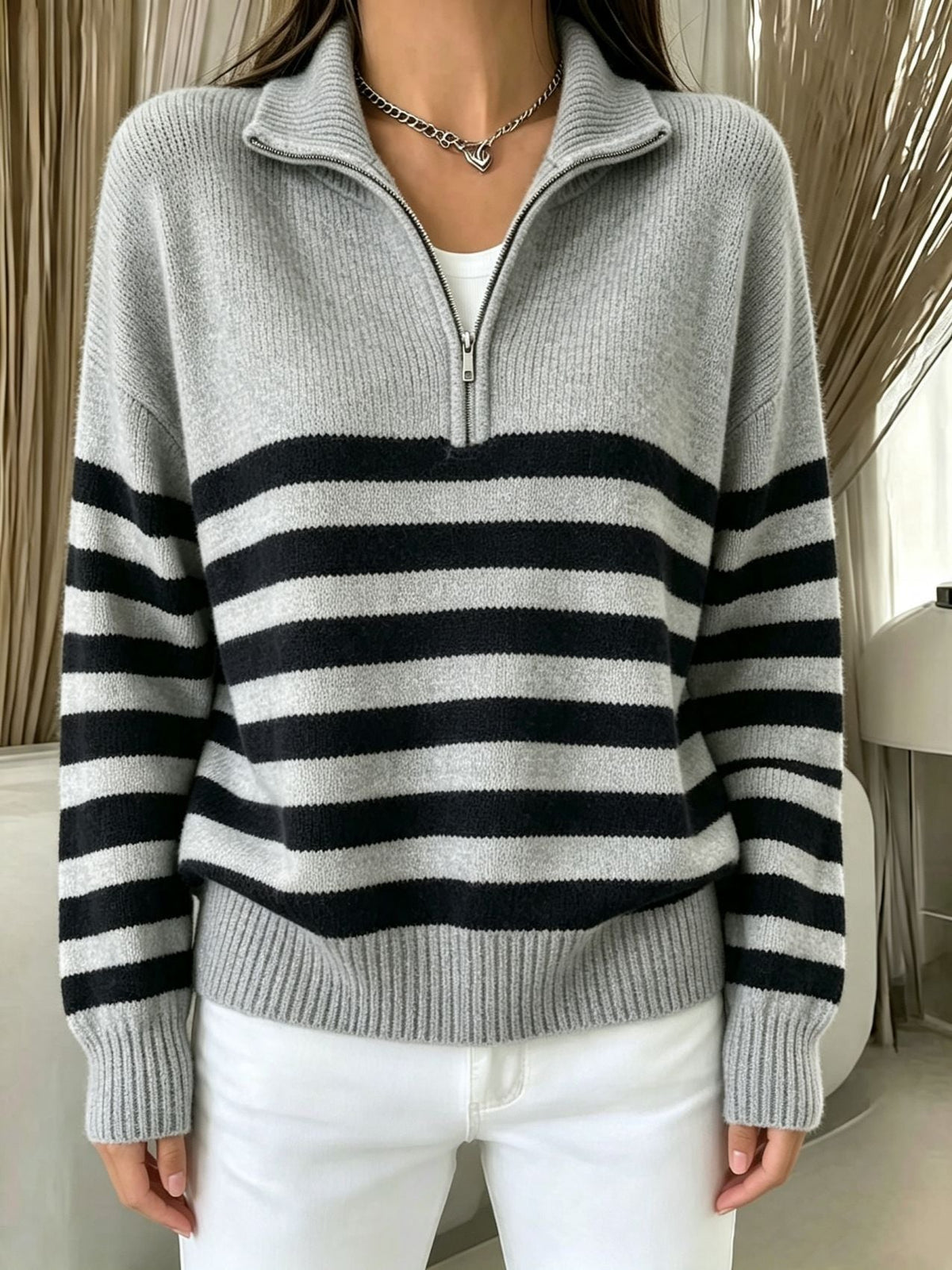 Women's Color-Block Pullover Sweater with Zipper Detail