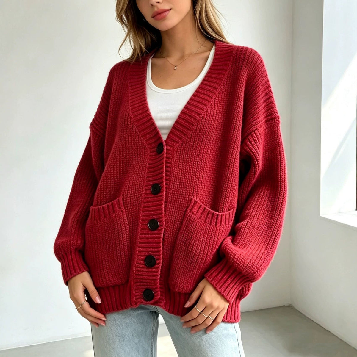 Women's Knitted Cardigan with Pockets - Mid-Length Sweater