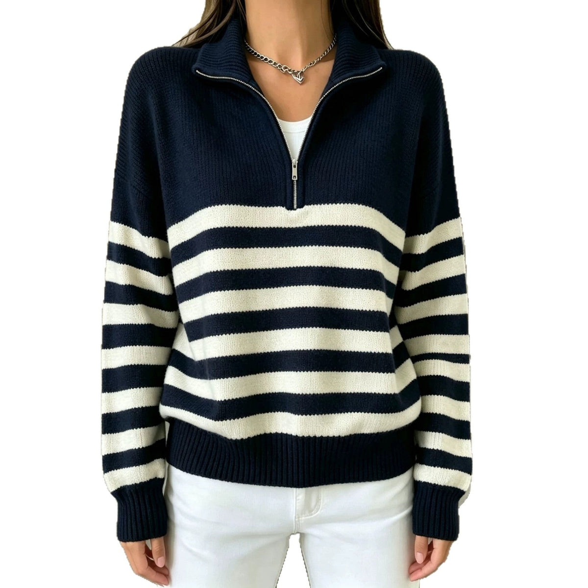 Women's Color-Block Pullover Sweater with Zipper Detail