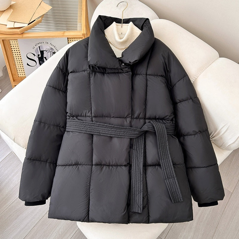 Women's Plaid Lapel Winter Coat with Belt - Casual Thick Jacket