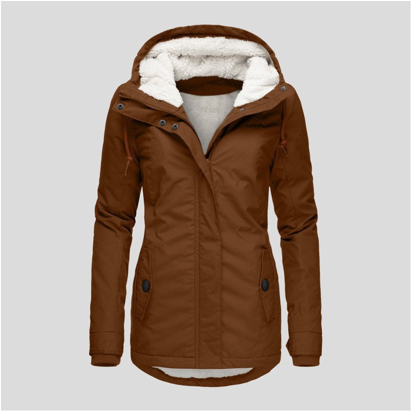 Women's Hooded Fleece Jacket with Pockets and Buckle