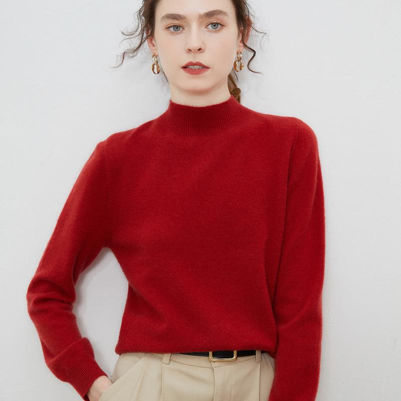 Women's Wool Pullover Sweater with Half-High Neck
