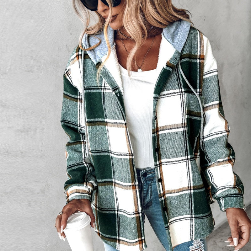 Women's Plaid Hooded Jacket with Button Pockets