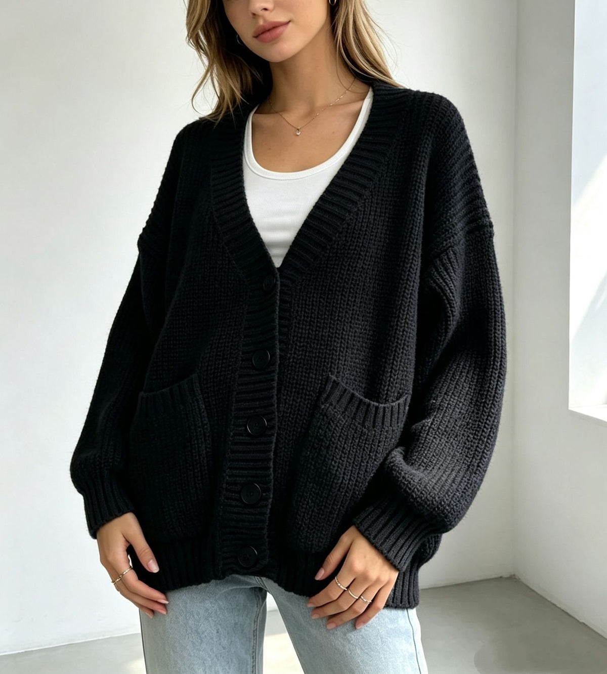 Women's Knitted Cardigan with Pockets - Mid-Length Sweater