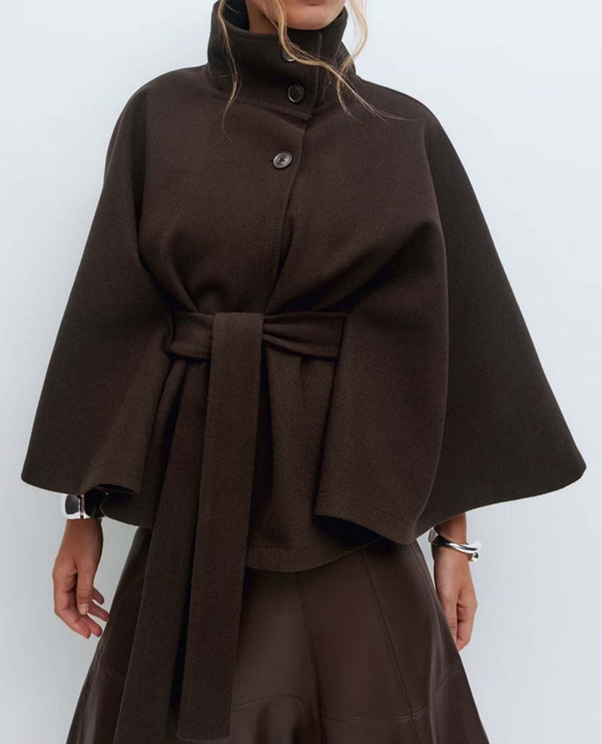 Women's Stand Collar Cape Trench Coat with Belt