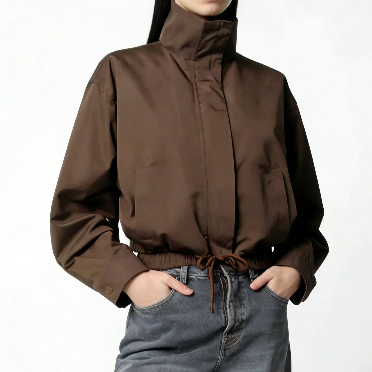 Women's Trench Coat - Stand-Collar Long Sleeve Jacket