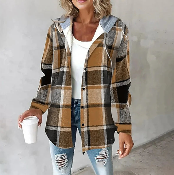 Women's Plaid Hooded Jacket with Button Pockets
