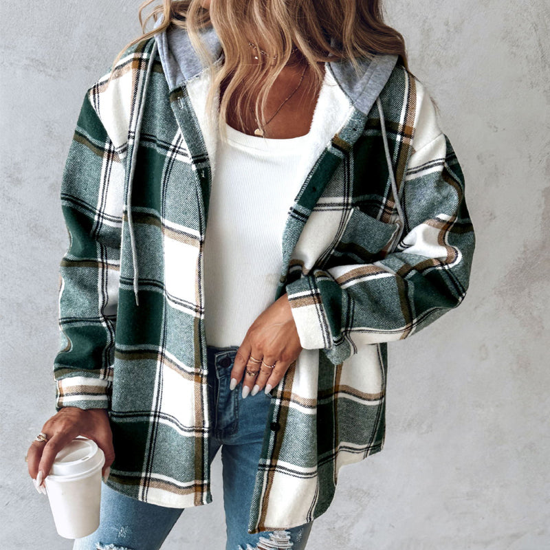 Women's Plaid Hooded Jacket with Button Pockets