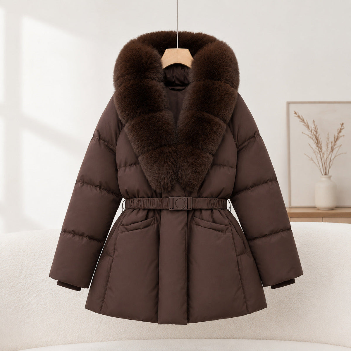 Women's Slimming Waist-Cinching Coat with Faux Fur Collar