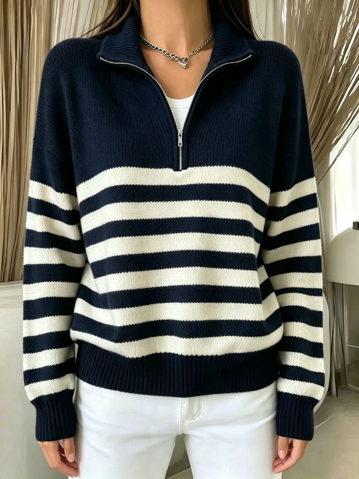 Women's Color-Block Pullover Sweater with Zipper Detail