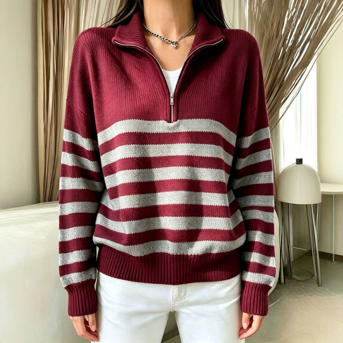 Women's Color-Block Pullover Sweater with Zipper Detail