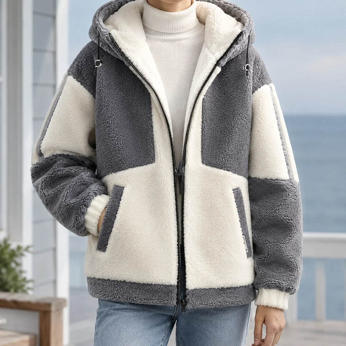 Men's Fleece Jacket with Adjustable Hood and Pockets