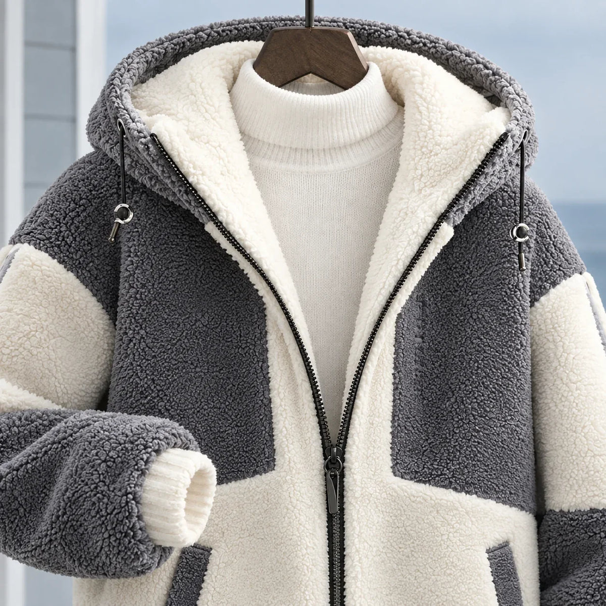 Men's Fleece Jacket with Adjustable Hood and Pockets