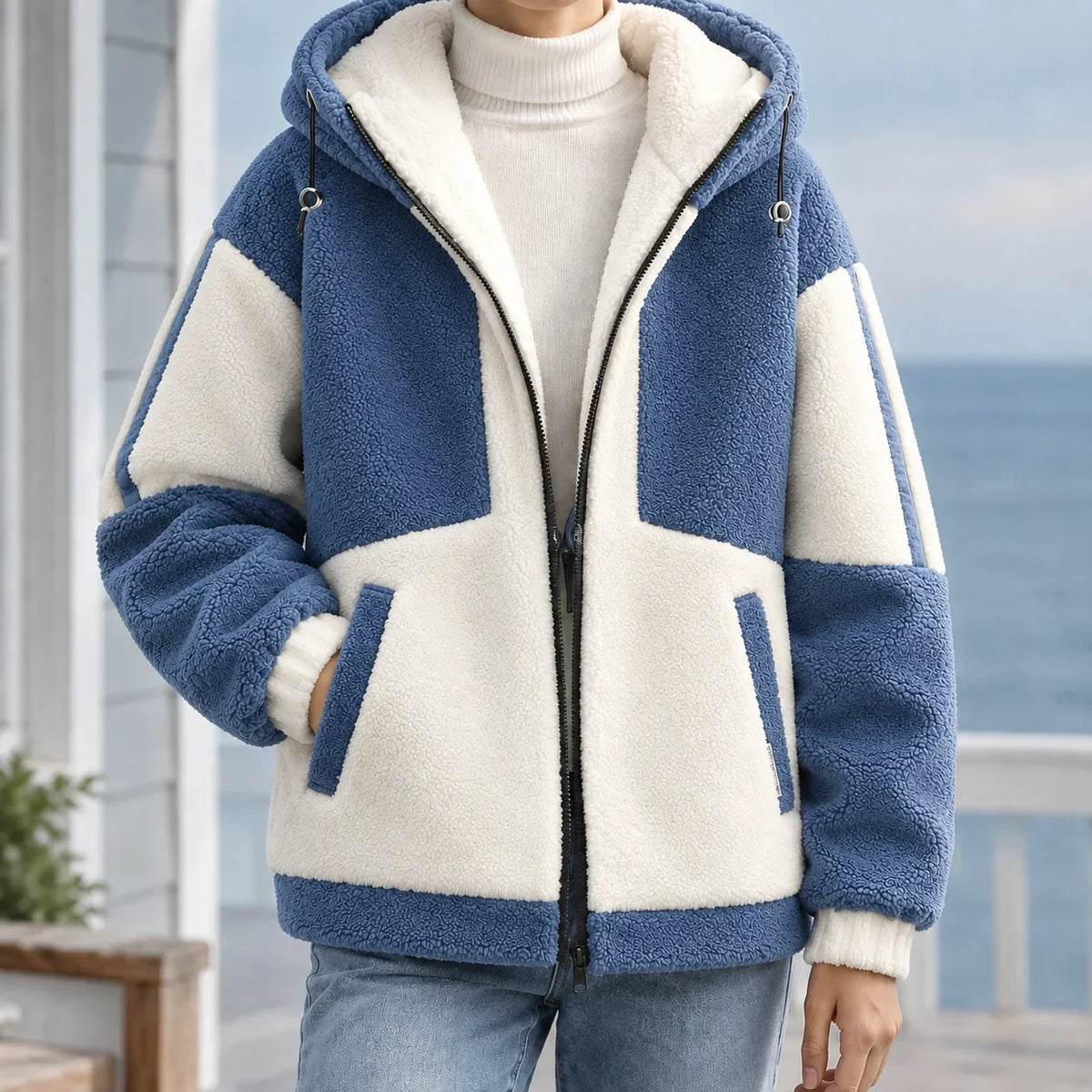Men's Fleece Jacket with Adjustable Hood and Pockets