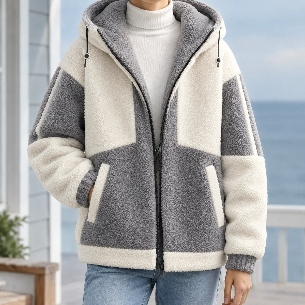 Men's Fleece Jacket with Adjustable Hood and Pockets