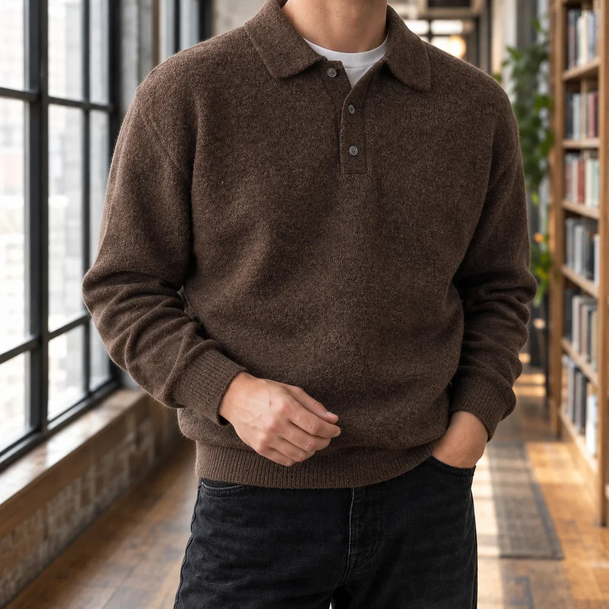 Men's Polo Sweater - Soft Chenille Knit with Classic Collar
