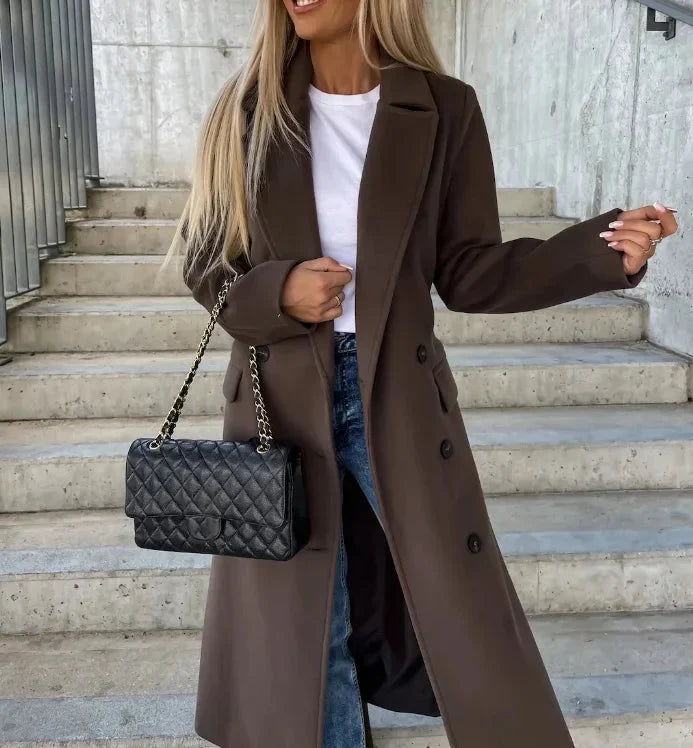 Women's Long Lapel Button Front Trench Coat