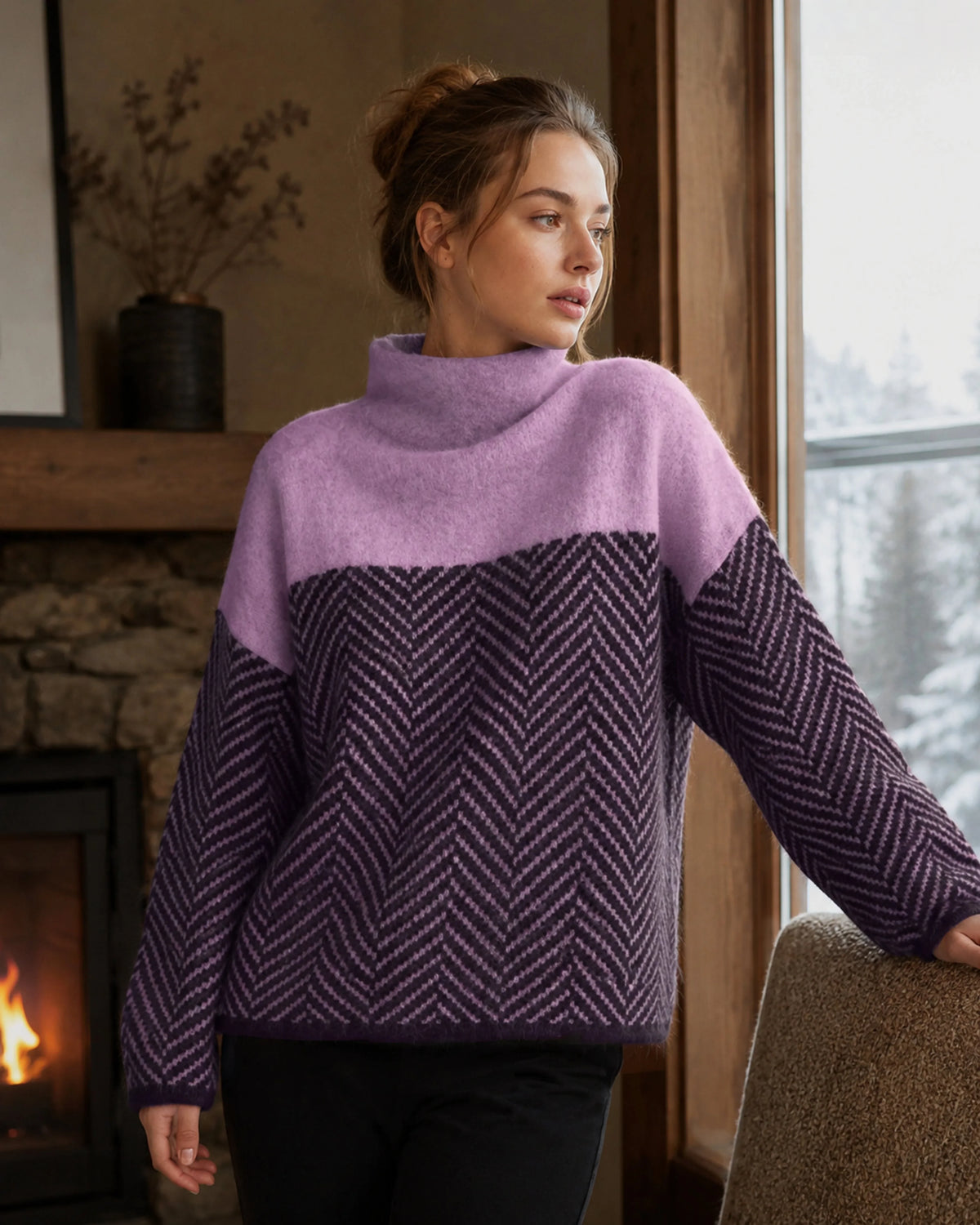 Women's Oversized Herringbone Color Block Sweater