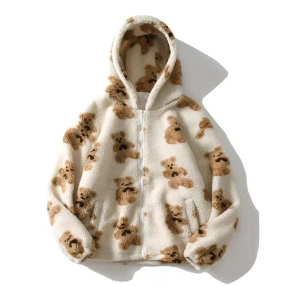 Women's Oversized Teddy Bear Print Fleece Hoodie