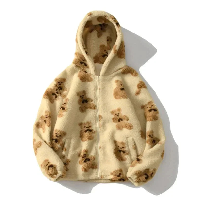 Women's Oversized Teddy Bear Print Fleece Hoodie